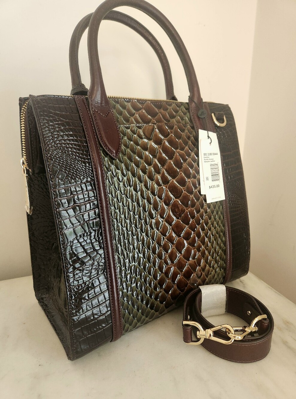NWT Brahmin Hunter Amaya Caroline Green Brown Croc-Embossed Leather Satchel - Picture 2 of 14